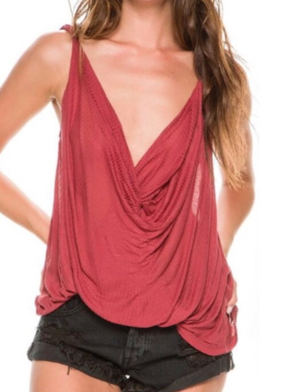 Free People Red Orange Ribbed Cross Front Sleeveless Drape Tank Top